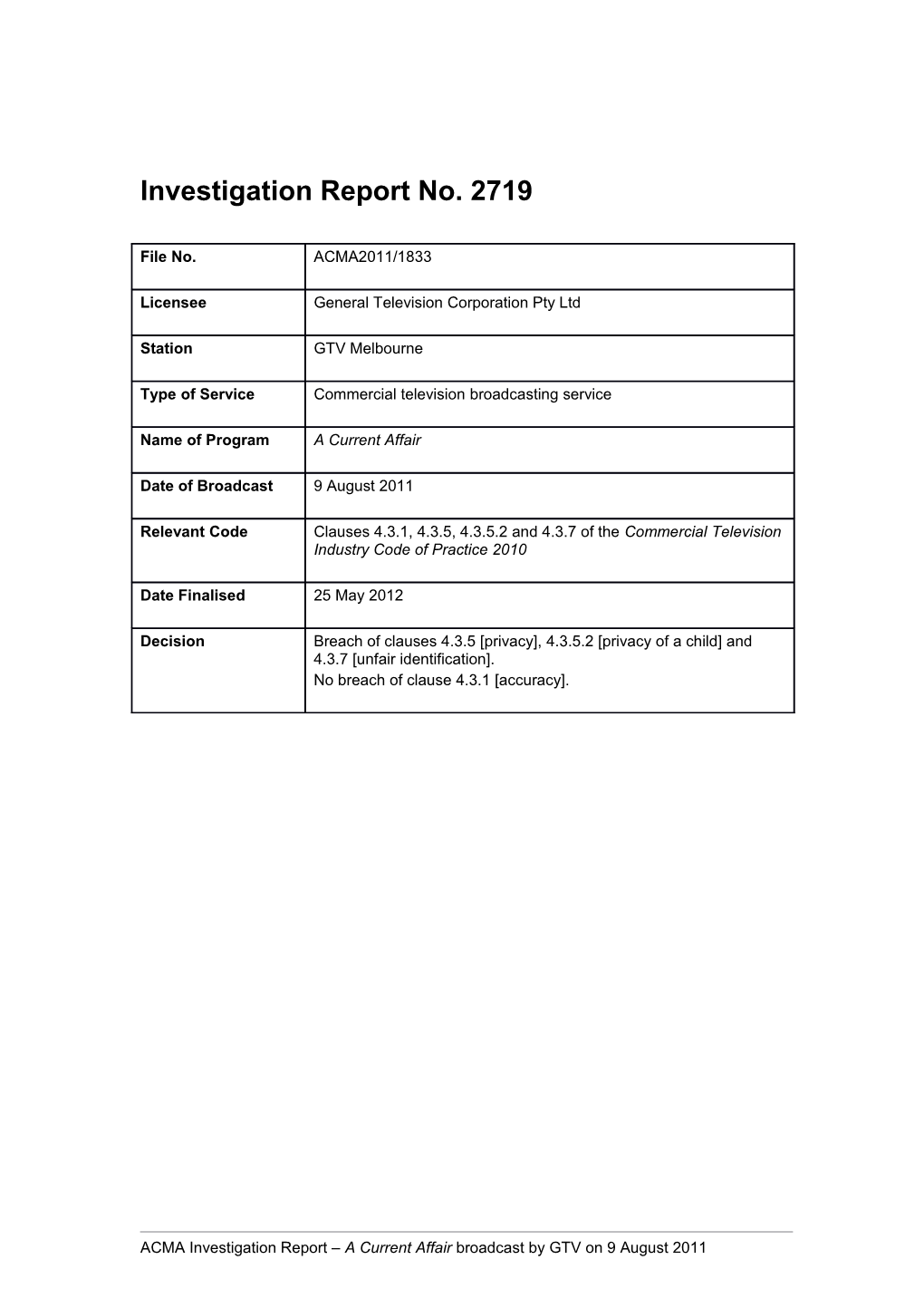 GTV Melb - ACMA Investigation Report 2719