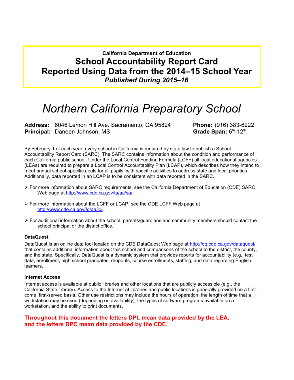 2014-15 SARC Template in Word - School Accountability Report Card (CA Dept of Education)