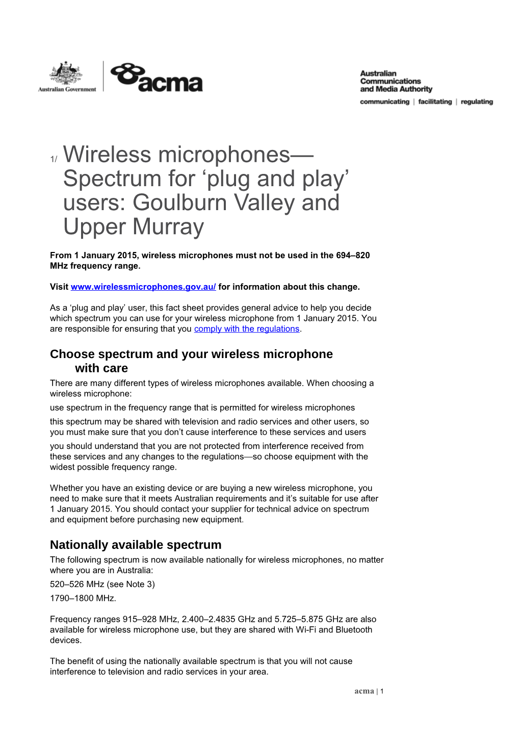 Wireless Microphones Spectrum for Plug and Play Users: Goulburn Valley and Upper Murray