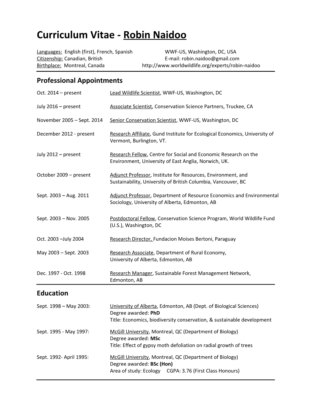 Curriculum Vitae - Robin Naidoo