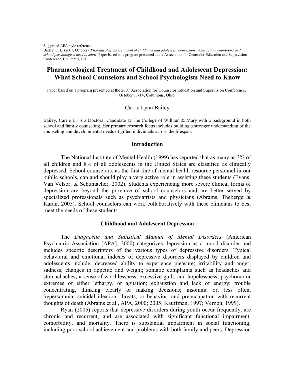 Pharmacological Treatment of Childhood and Adolescent Depression: What School Counselors