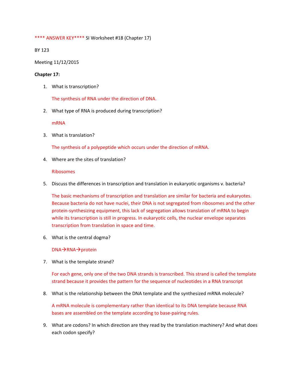 ANSWER KEY SI Worksheet #18 (Chapter 17)