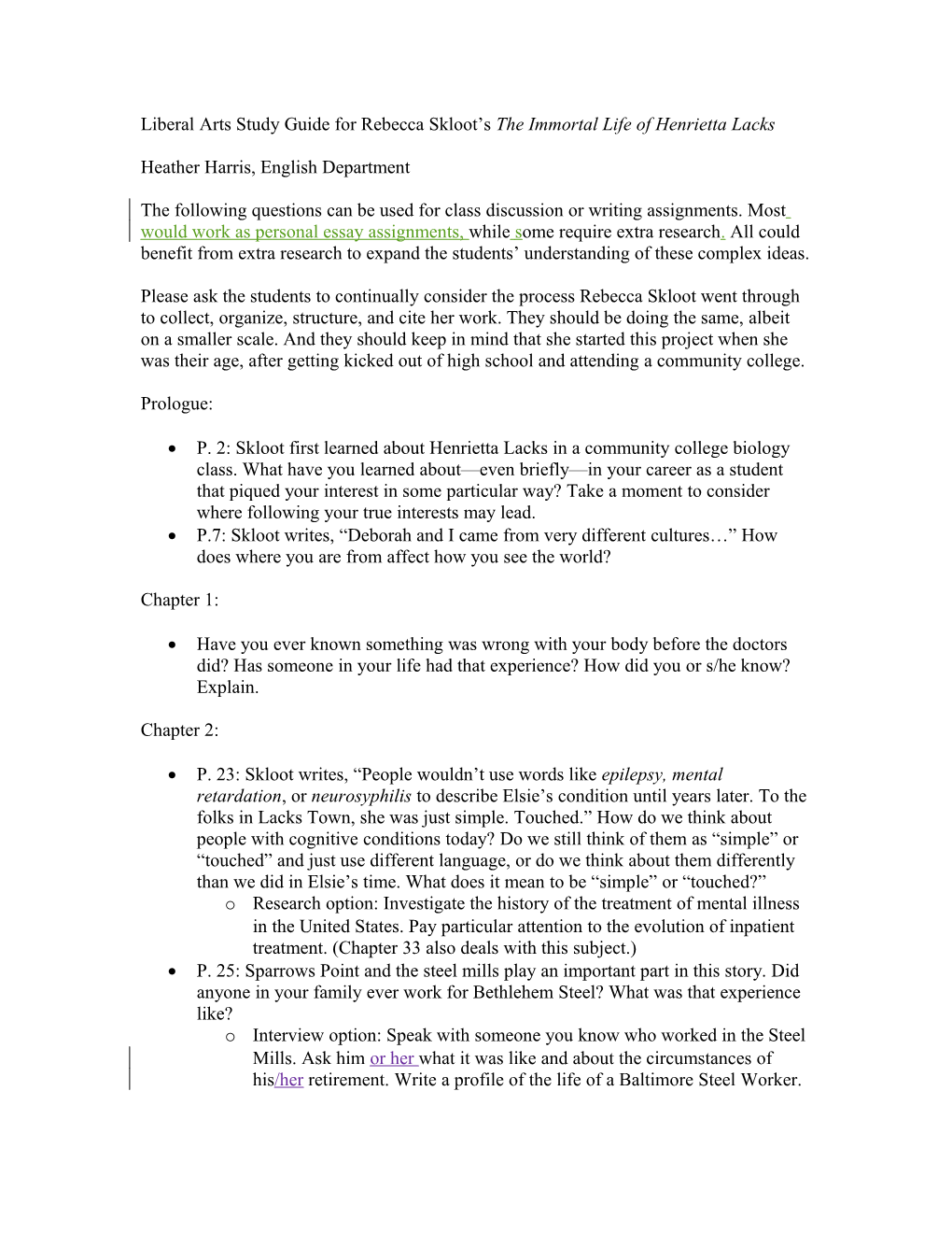Liberal Arts Study Guide for Rebecca Skloot S the Immortal Life of Henrietta Lacks