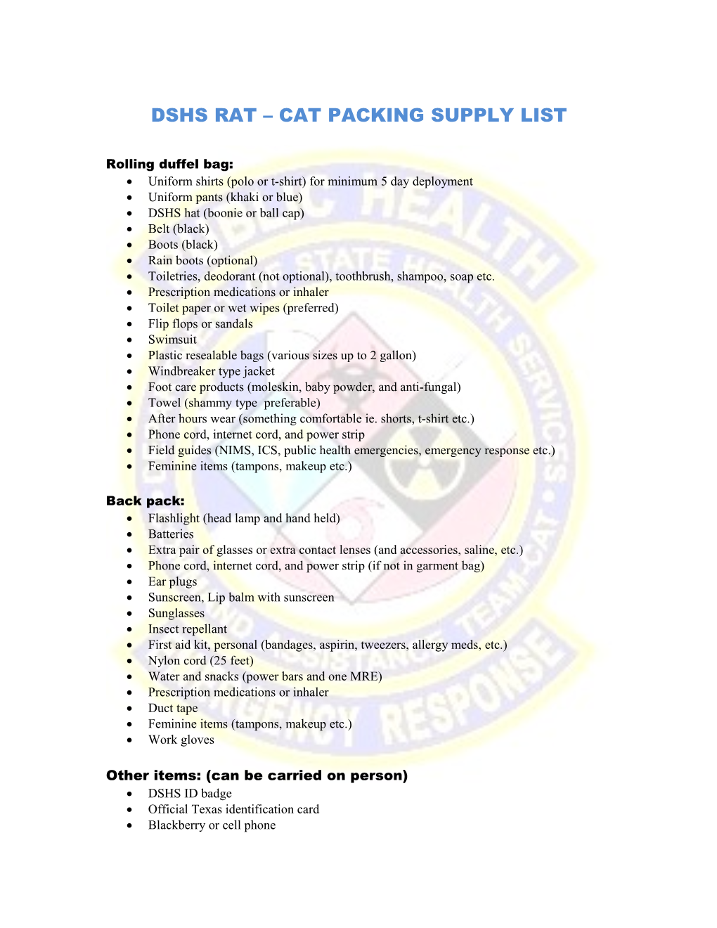 Dshs Rat Cat Packing Supply List