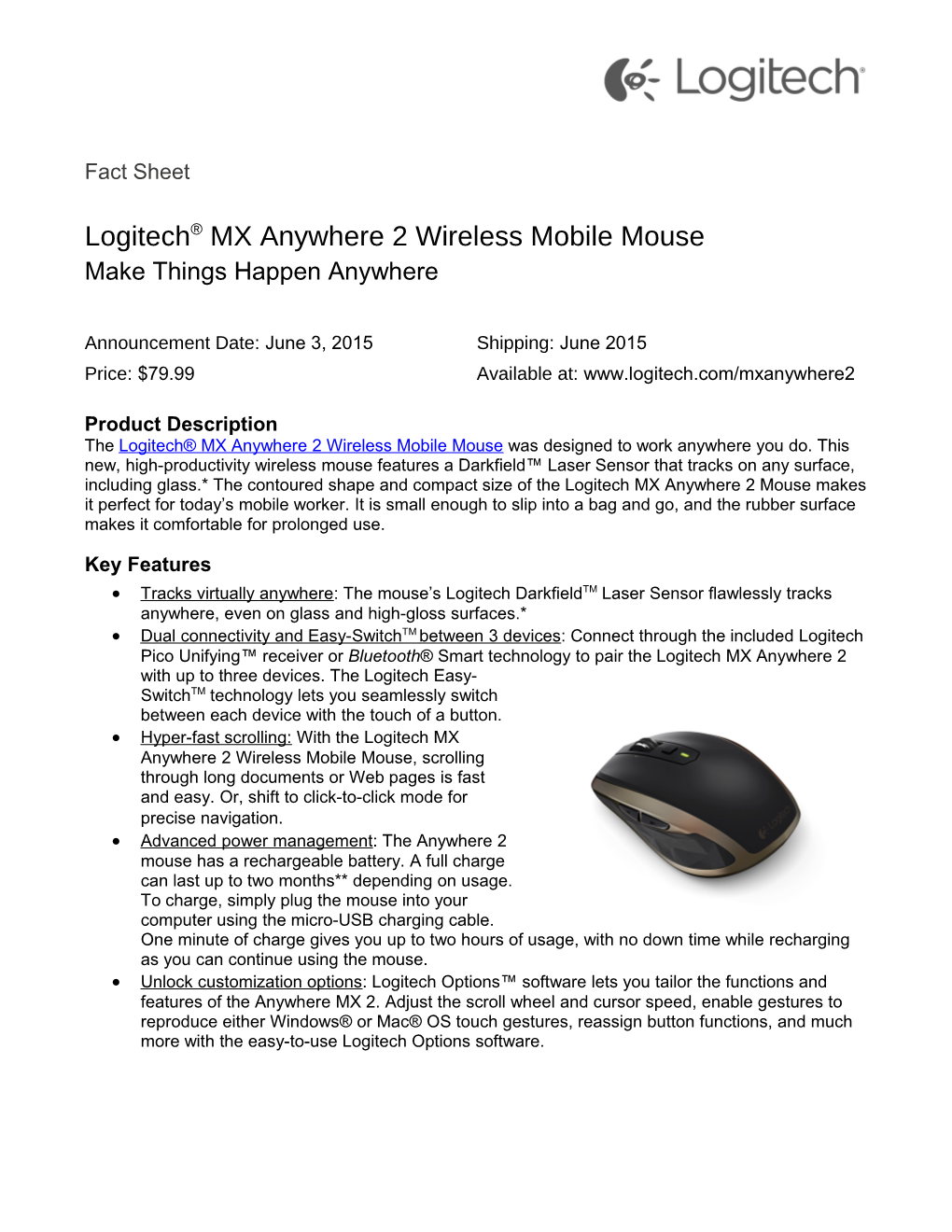 Logitech MX Anywhere 2 Wireless Mobile Mouse Fact Sheet Page 1