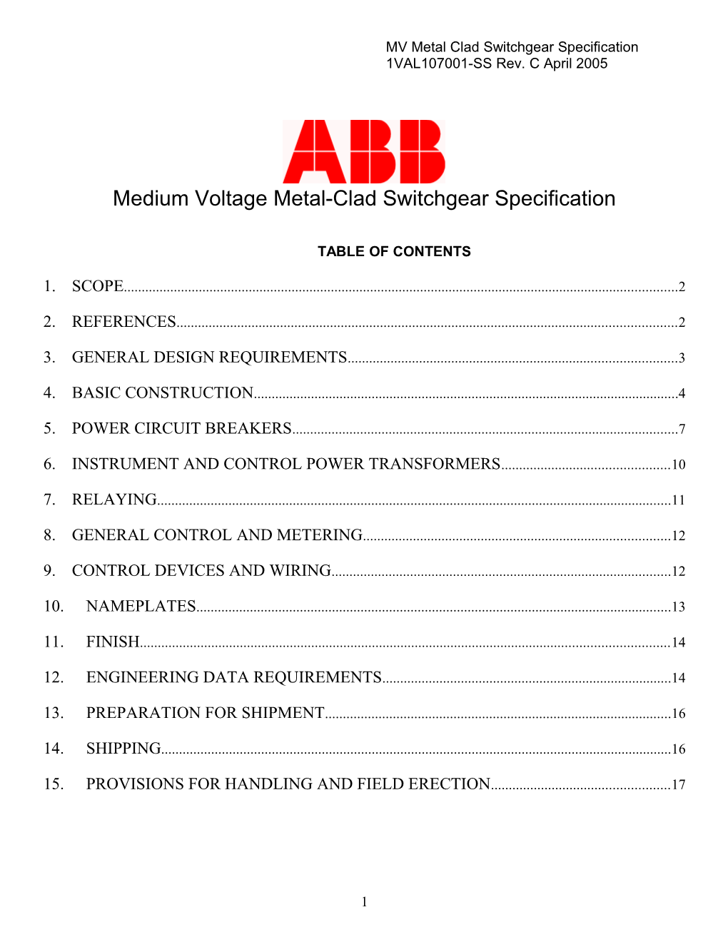 MV Metal Clad Switchgear Specification