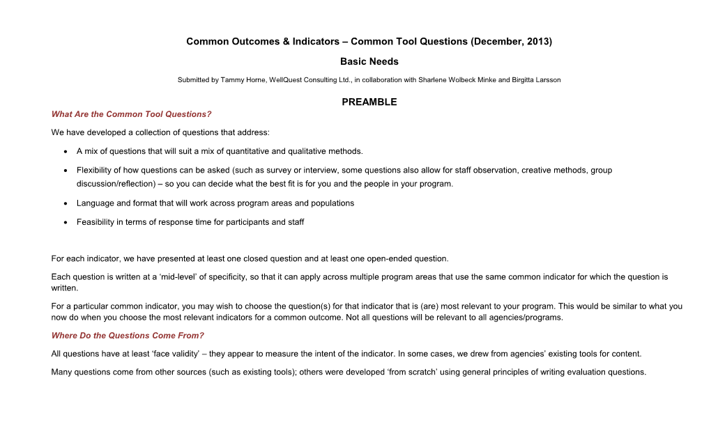 Common Outcomes & Indicators Common Tool Questions (December, 2013)