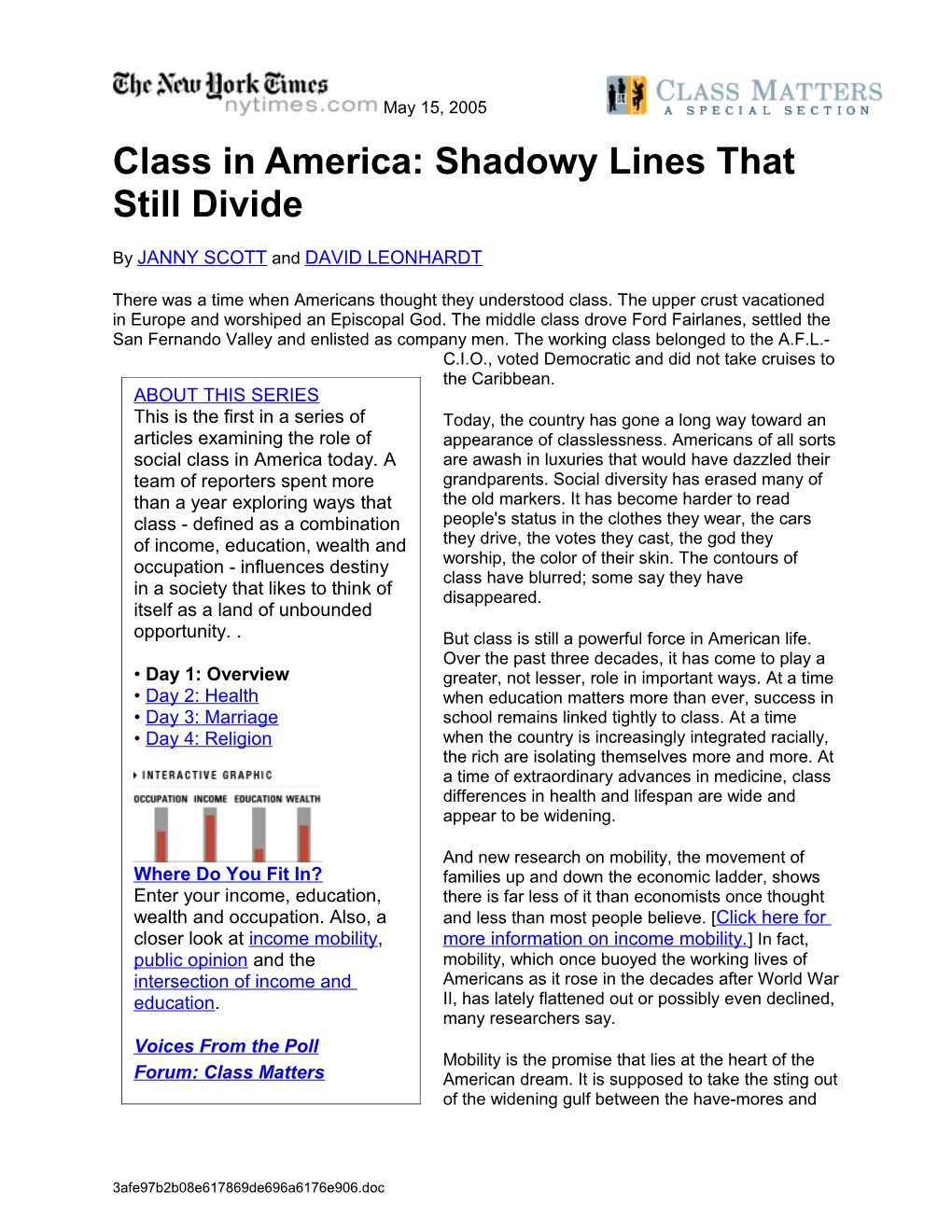 Class in America: Shadowy Lines That Still Divide