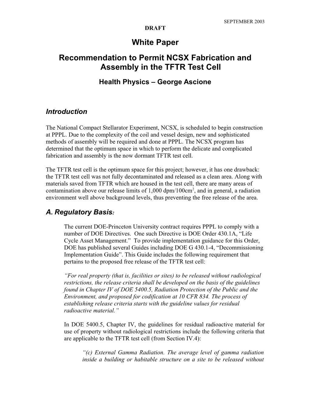 Recommendation to Permit NCSX Fabrication and Assembly in the TFTR Test Cell