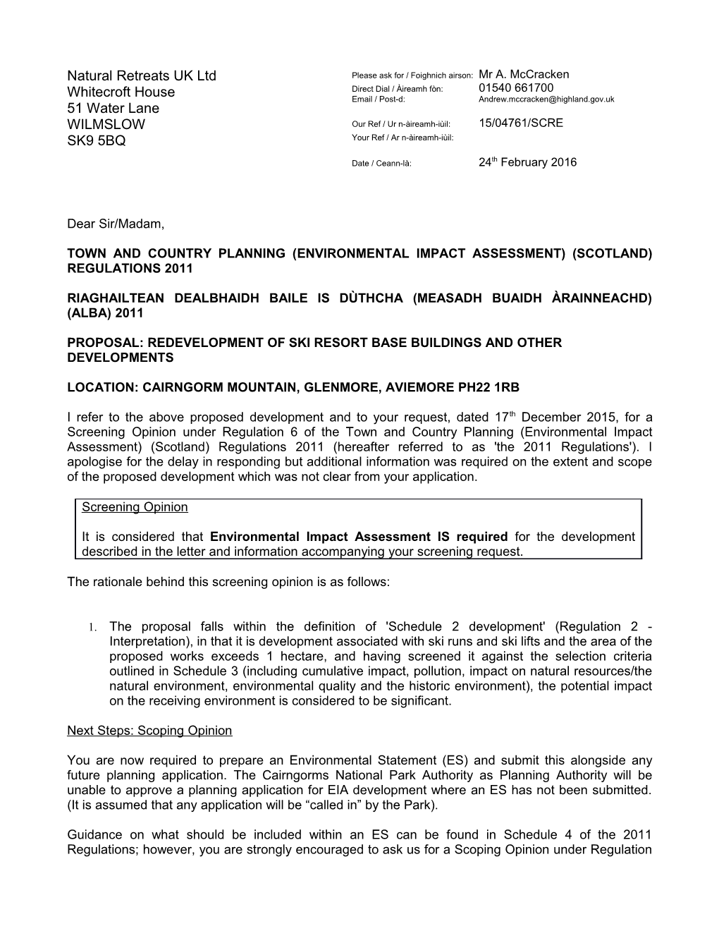 Screening Opinion - EIA IS Required