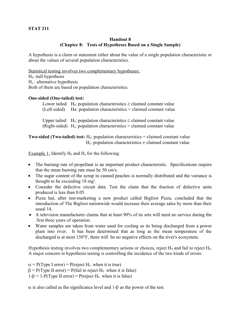 Chapter 8: Tests of Hypotheses Based on a Single Sample