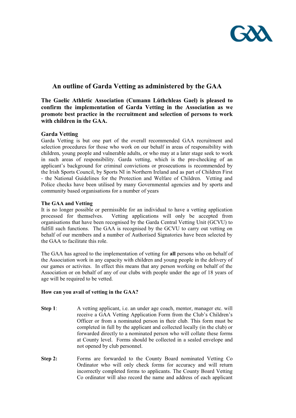 An Outline of Garda Vetting As Administered by the GAA