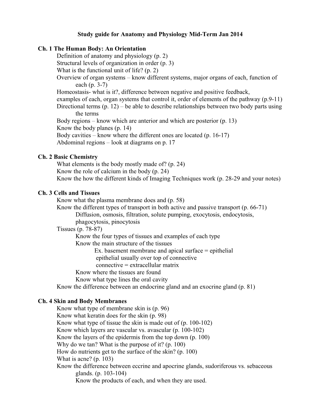 Study Guide for Anatomy and Physiology Mid-Term Jan 2009