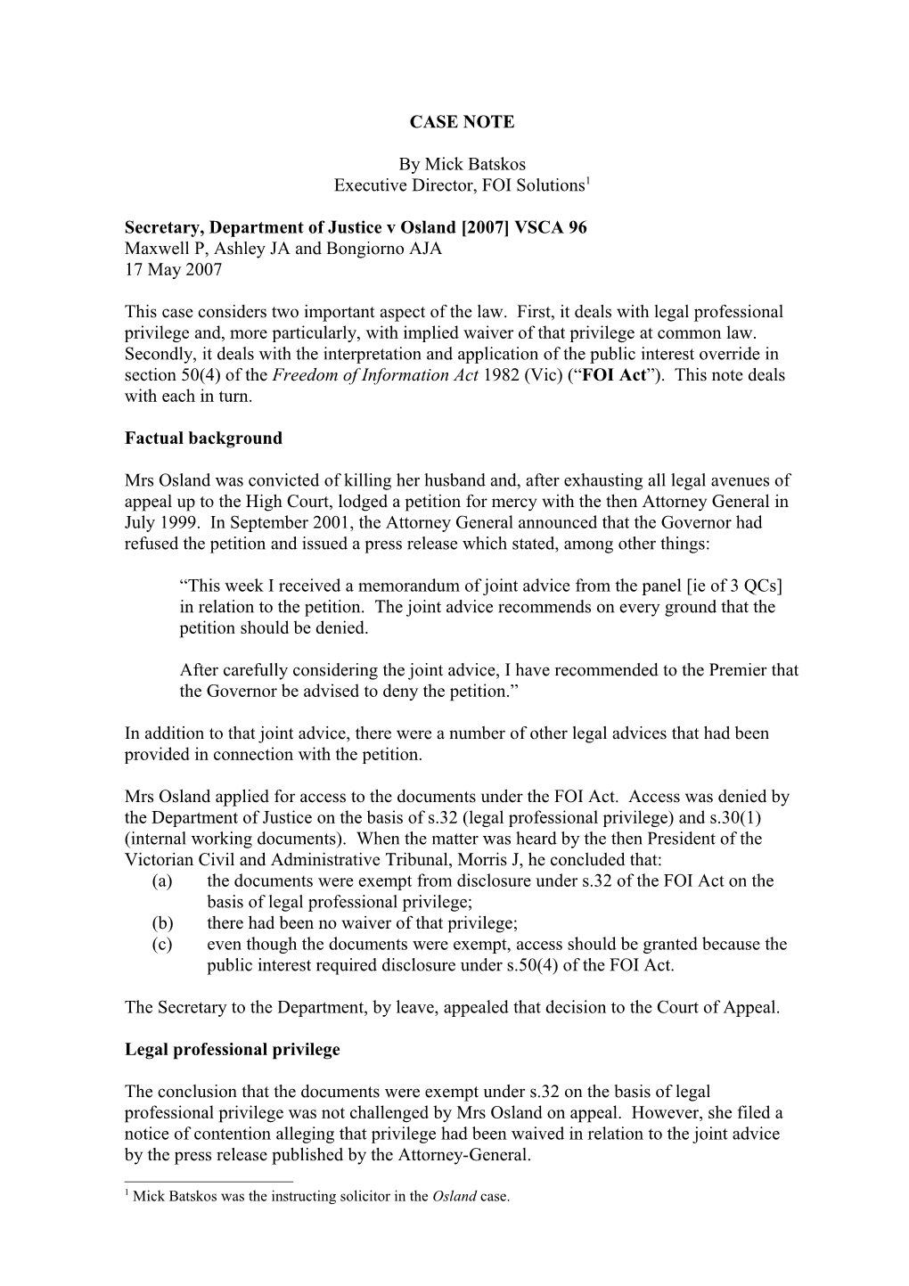 Secretary, Department of Justice V Osland 2007 VSCA 96