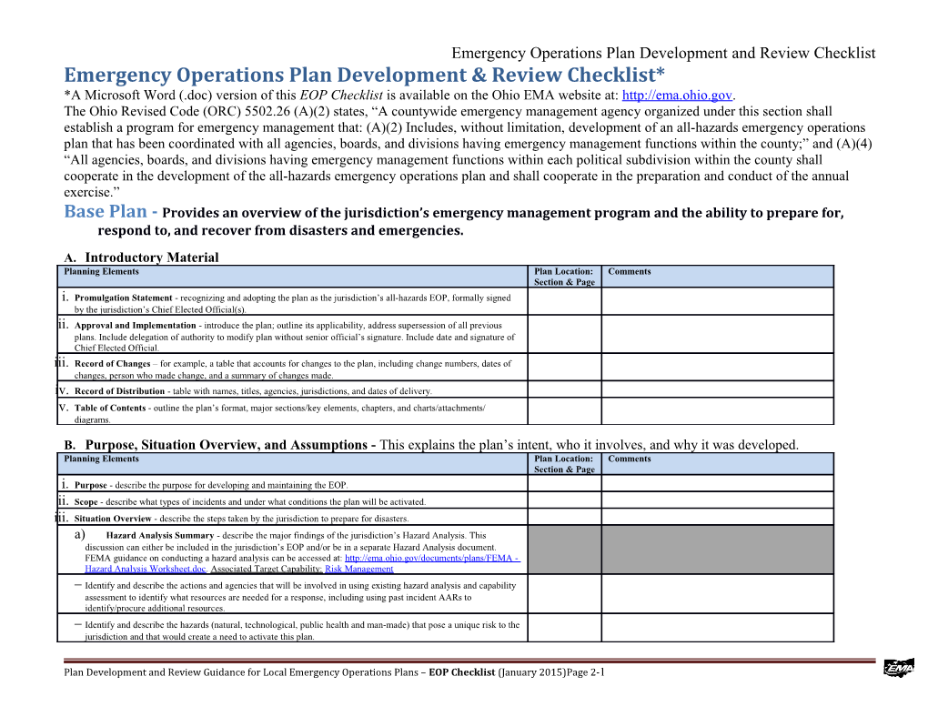 Emergency Operations Plan Development and Review Checklist