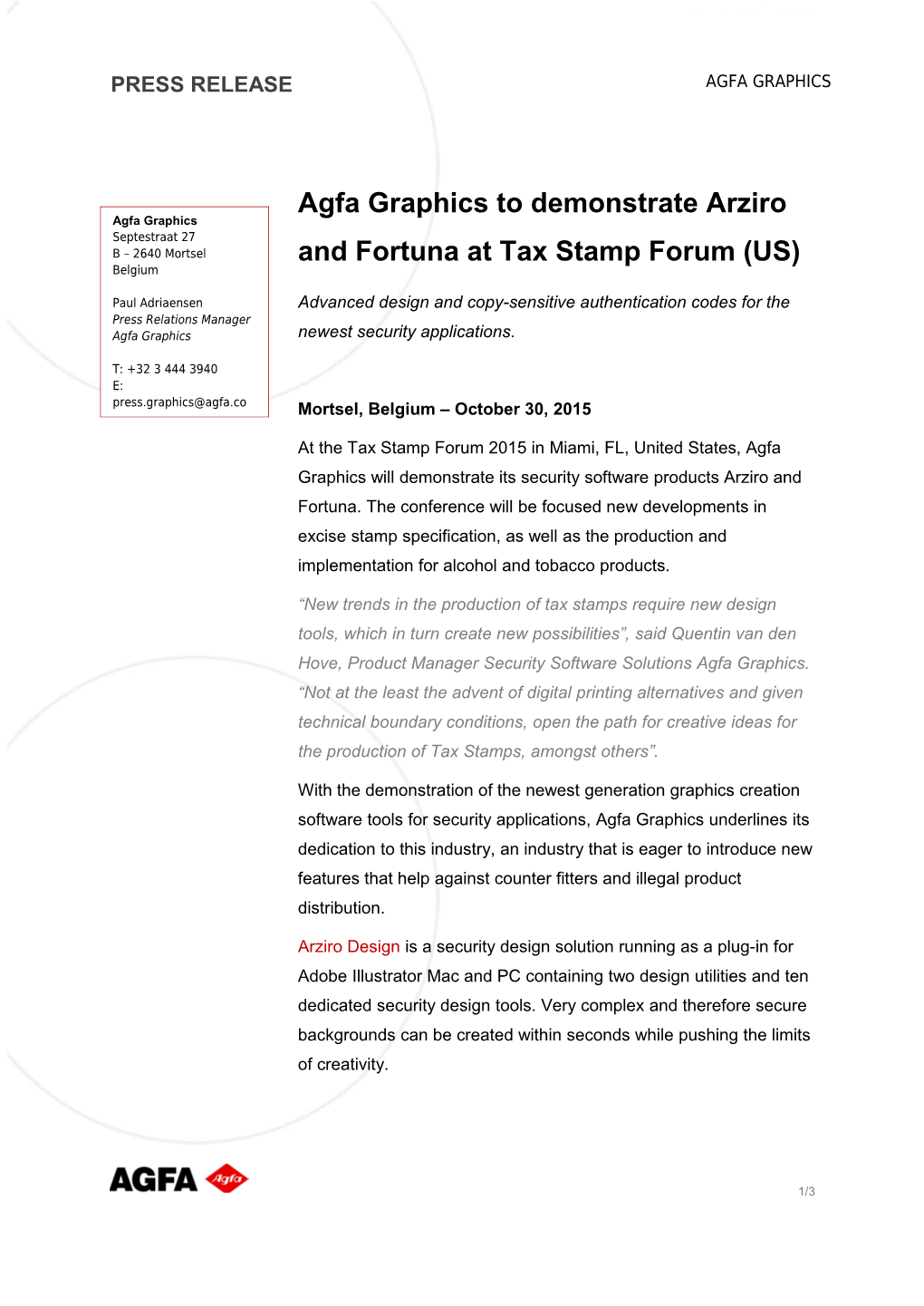 Agfa Graphicsto Demonstrate Arziro and Fortuna at Tax Stamp Forum (US)