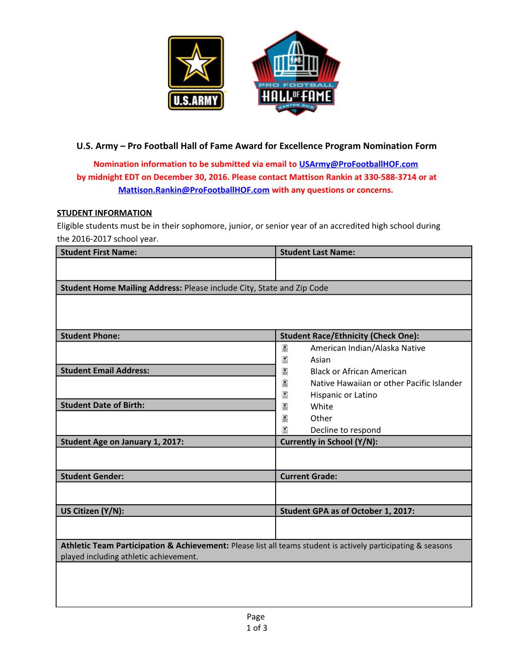 U.S. Army Pro Football Hall of Fame Award for Excellence Program Nomination Form