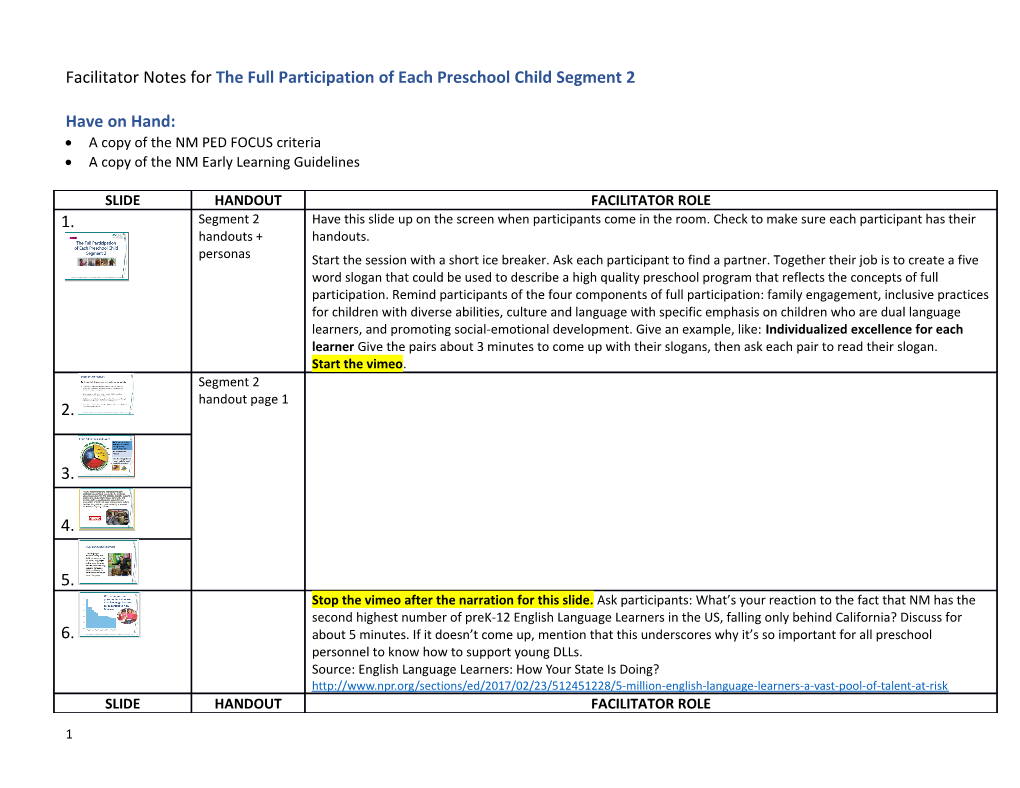 Facilitator Notes for the Full Participation of Each Preschool Child Segment 2