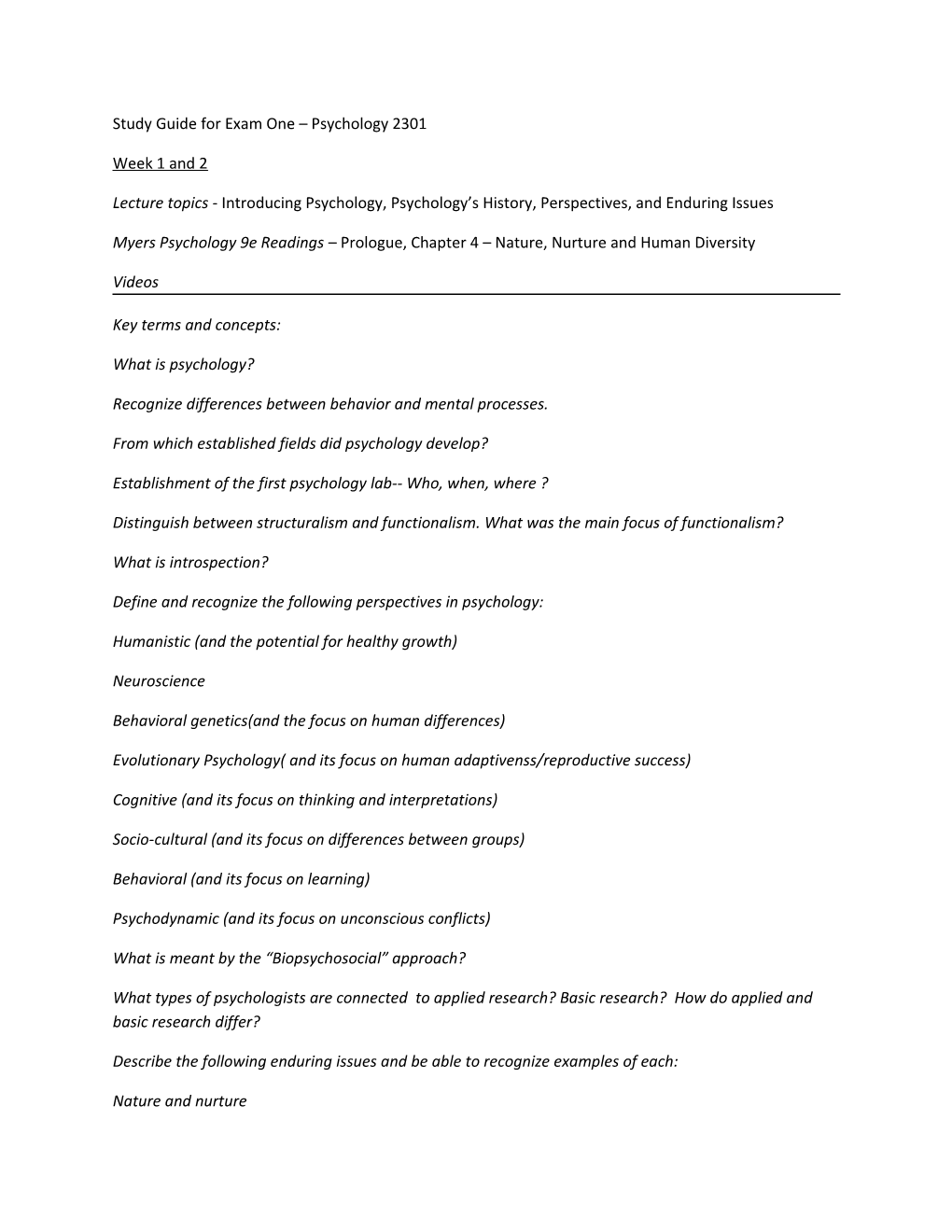 Study Guide for Exam One Psychology 2301