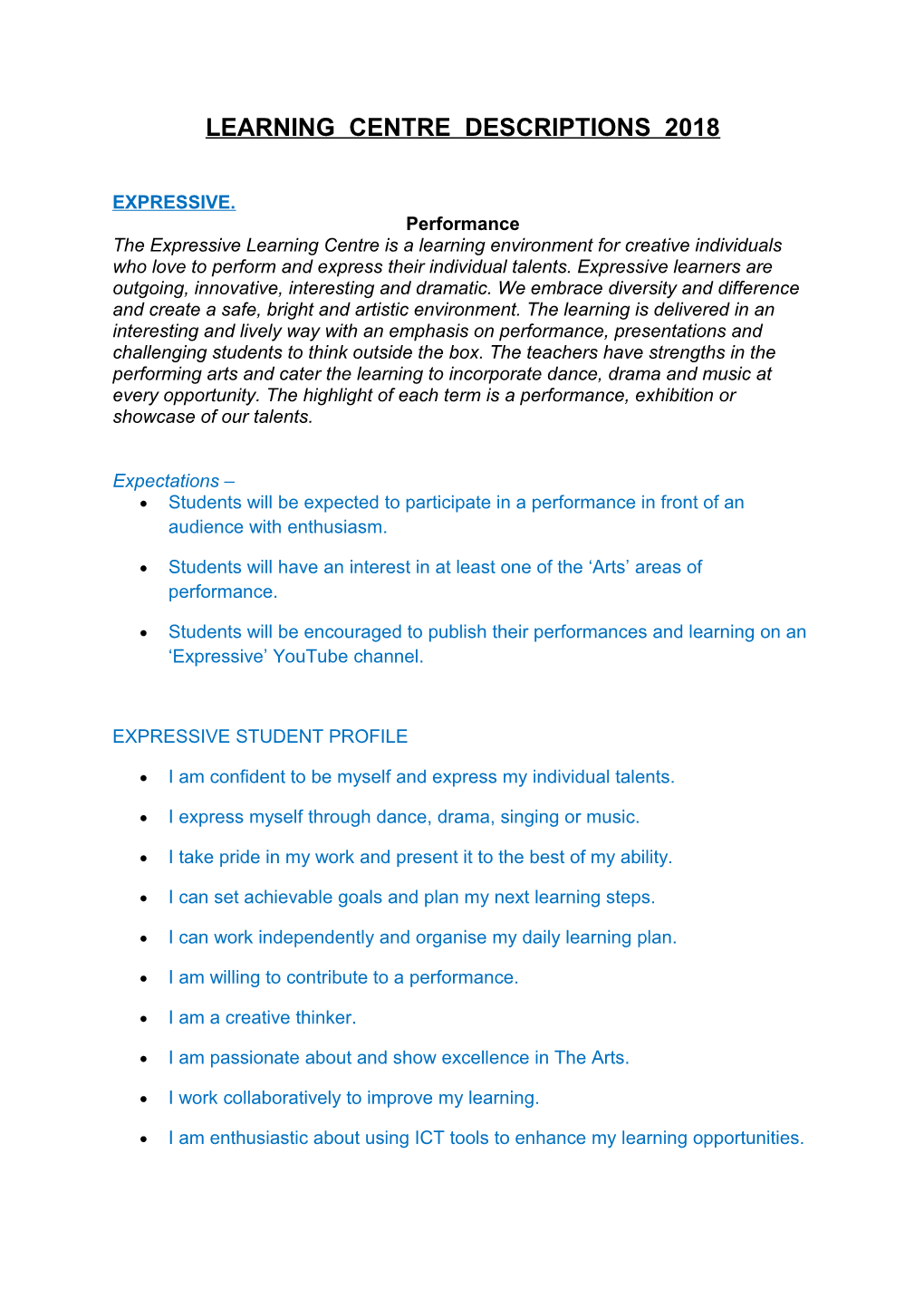 Learning Centre Descriptions 2018