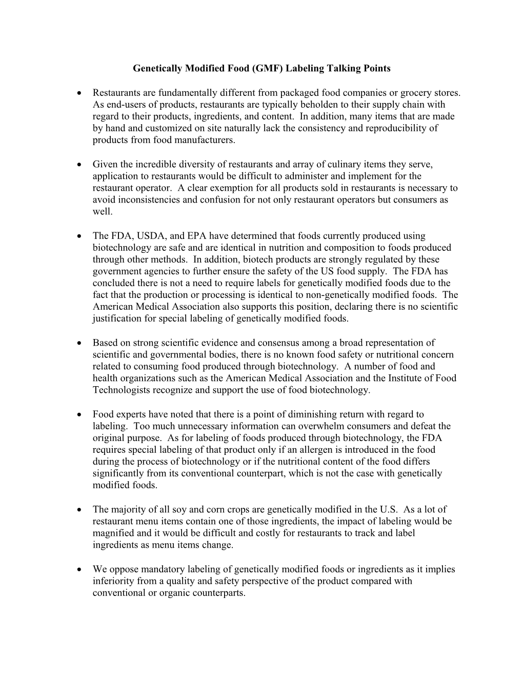 Genetically Modified Food (GMF) Labeling Talking Points