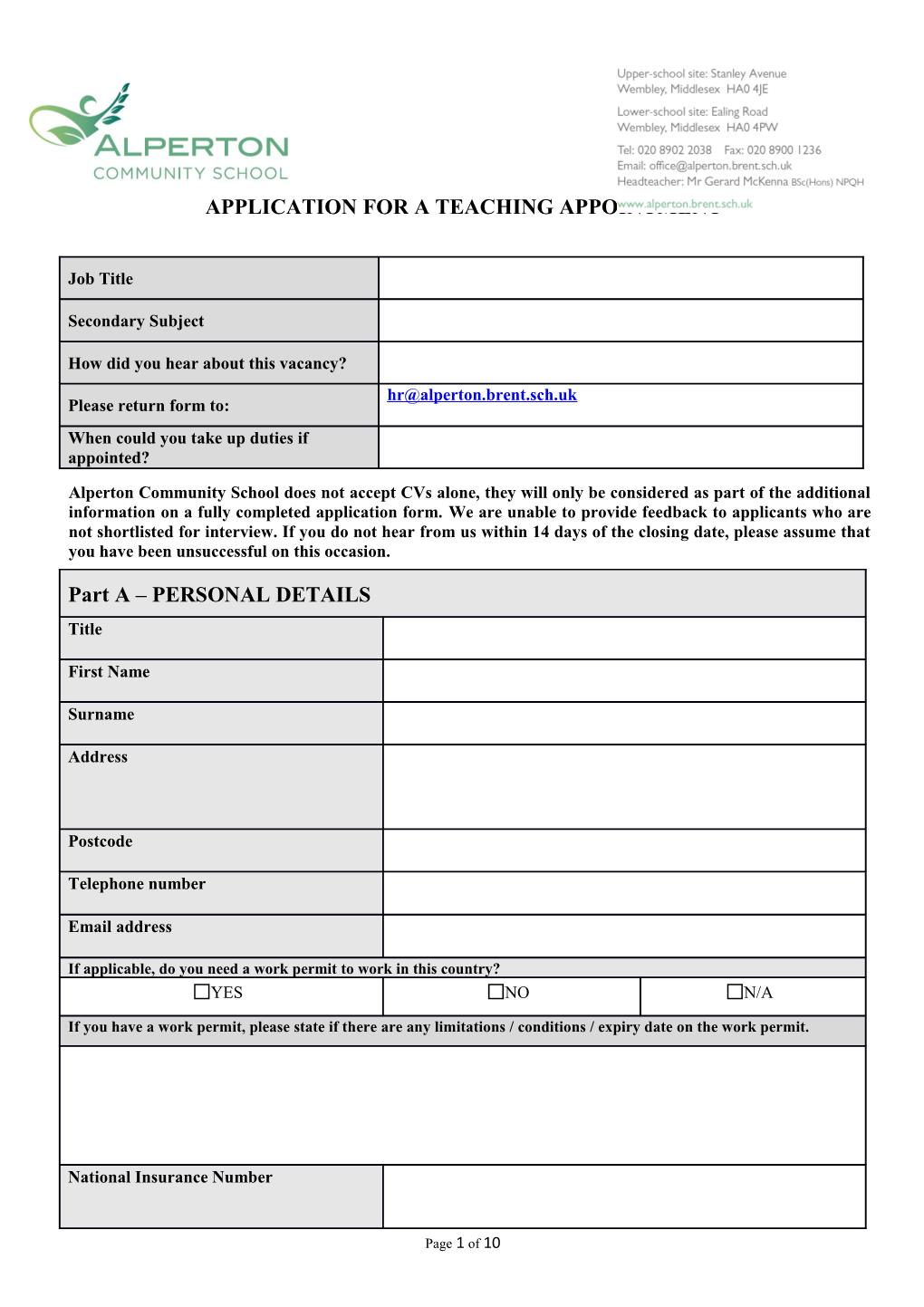 Applicationfor Ateaching Appointment