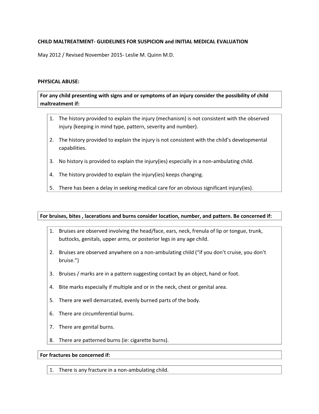 CHILD MALTREATMENT- GUIDELINES for SUSPICION and INITIAL MEDICAL EVALUATION