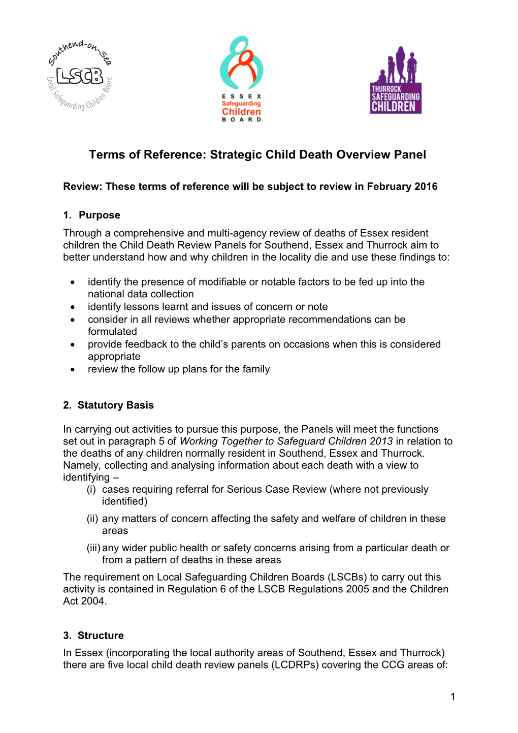 Terms of Reference: Local Child Death Overview Panels