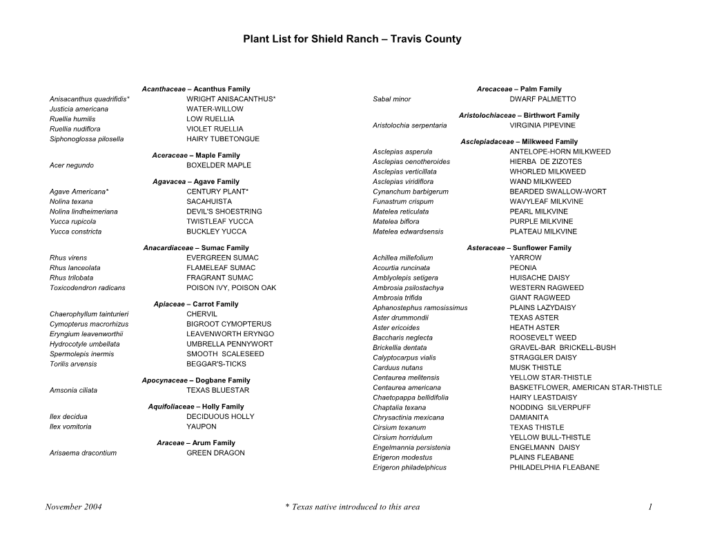 Plant List for Shield Ranch Traviscounty