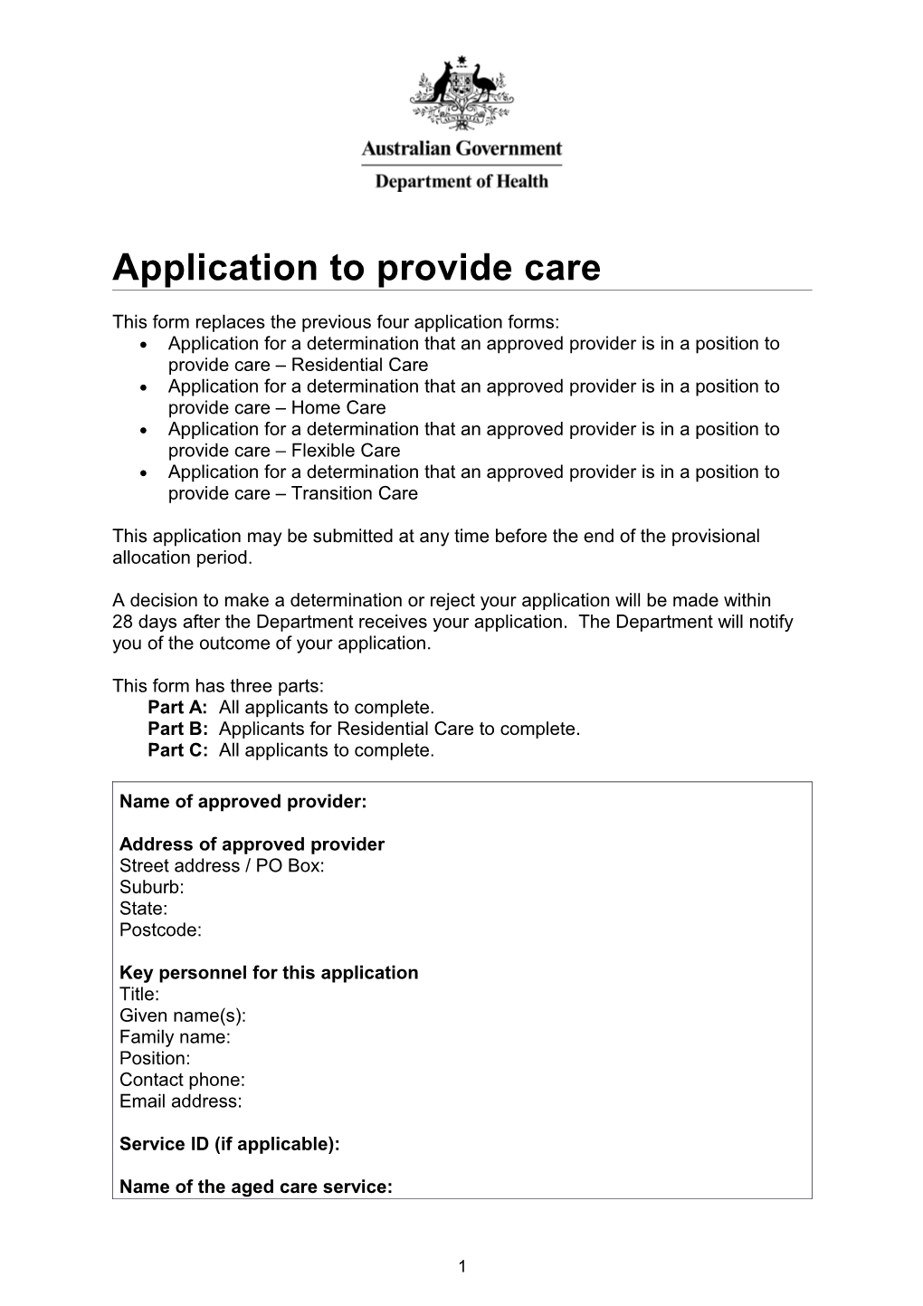 Application to Provide Care