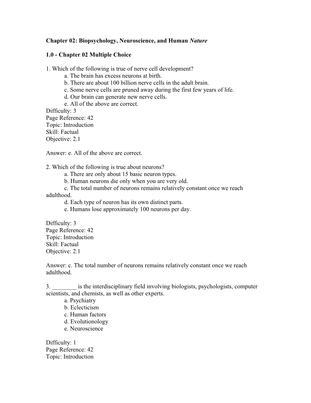 Chapter 02: Biopsychology, Neuroscience, and Human Nature