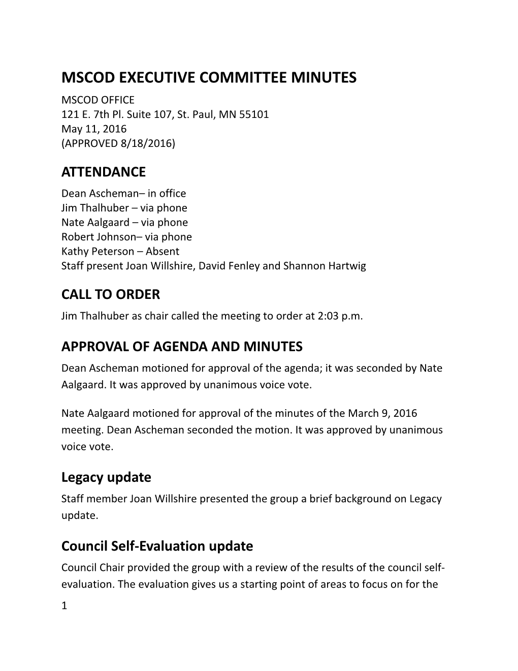 MSCOD Executive Committee Meeting Minutes, 05/11/2016