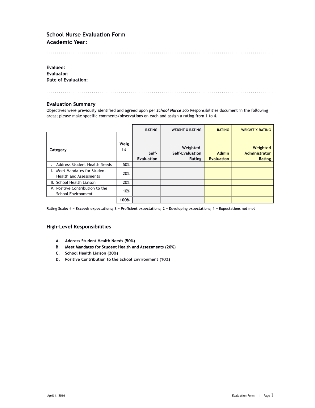 School Nurseevaluation Form Academic Year