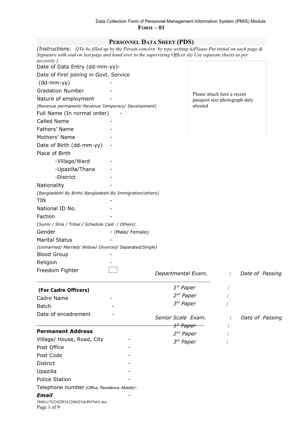 Data Collection Form of Personnel Management Information System (PMIS) Module