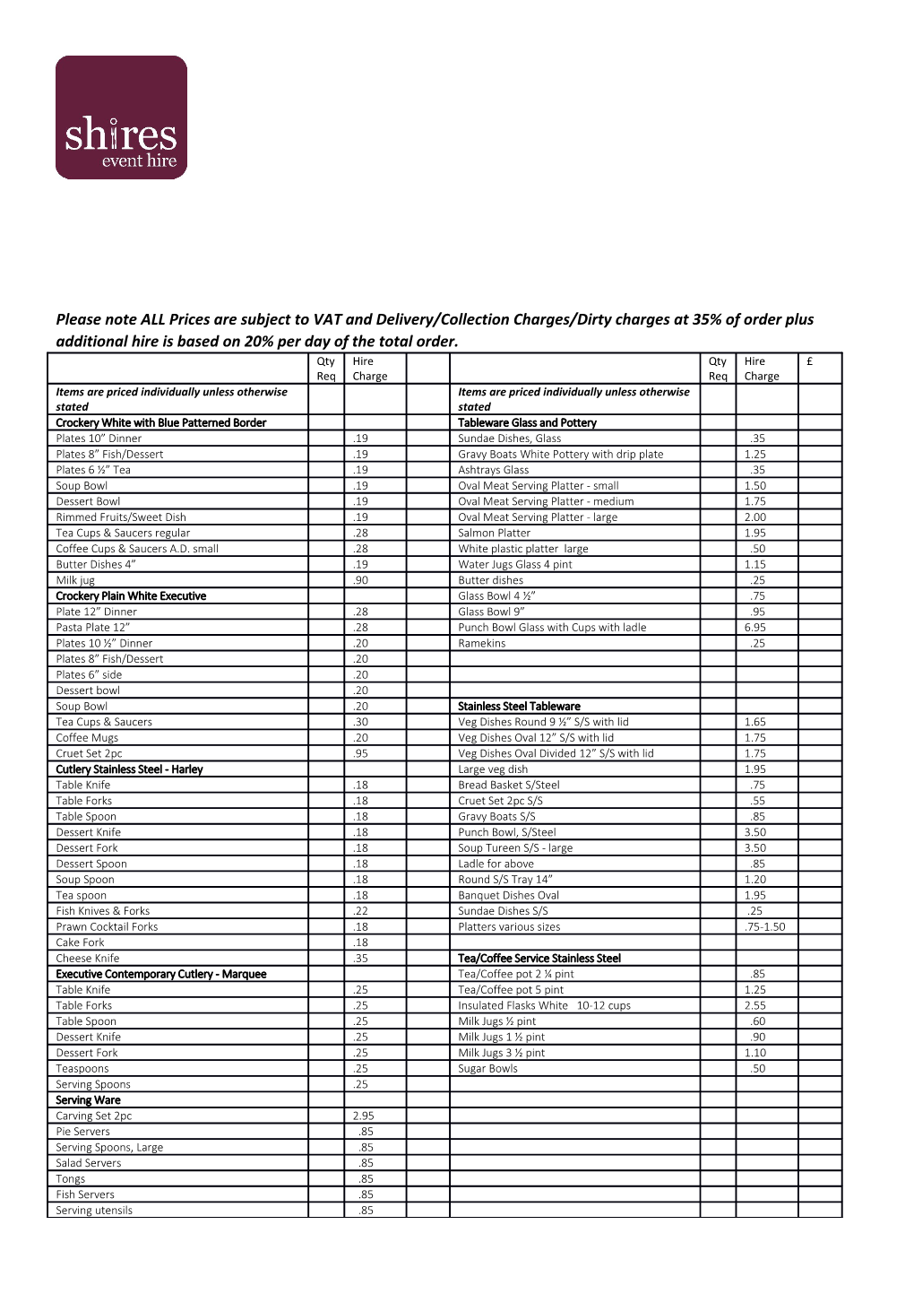 Please Note ALL Prices Are Subject to VAT and Delivery/Collection Charges/Dirty Charges