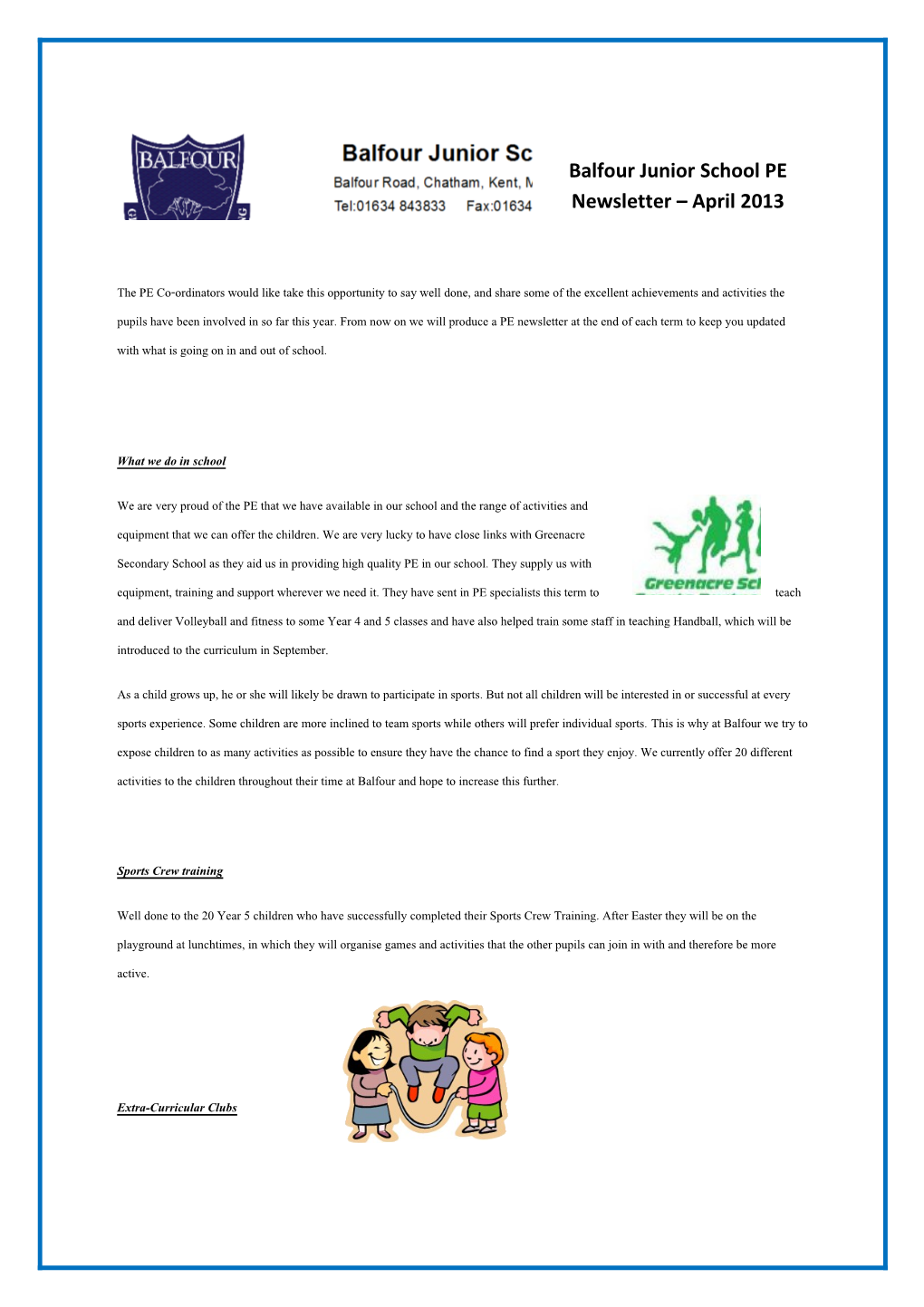 Balfour Junior School PE Newsletter April 2013