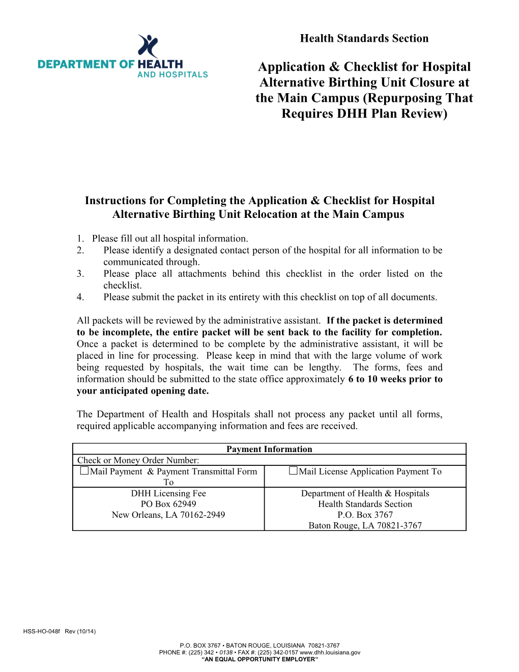 Instructions for Completing the Application & Checklist for Hospital Alternative Birthing