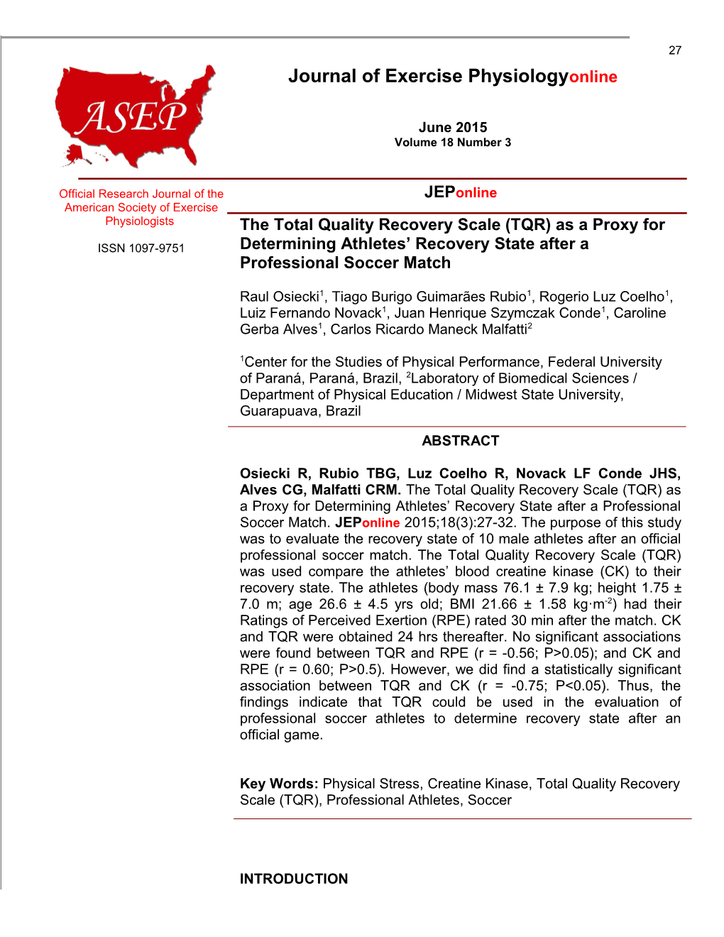 The Total Quality Recovery Scale(TQR)As a Proxy for Determining Athletes Recovery State