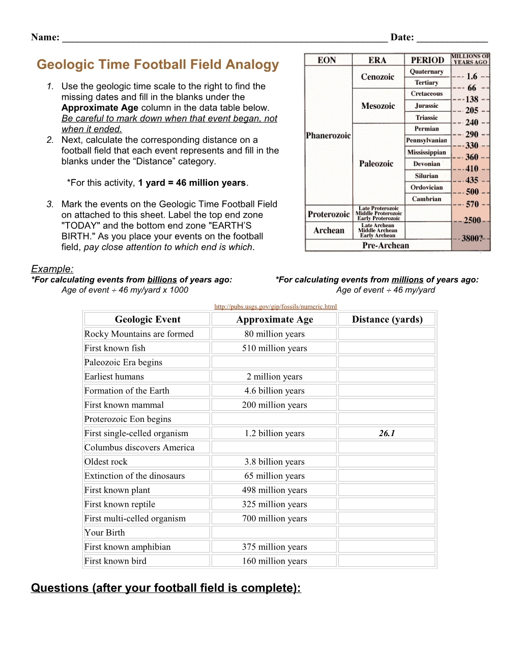 Geologic Time Activity Worksheet