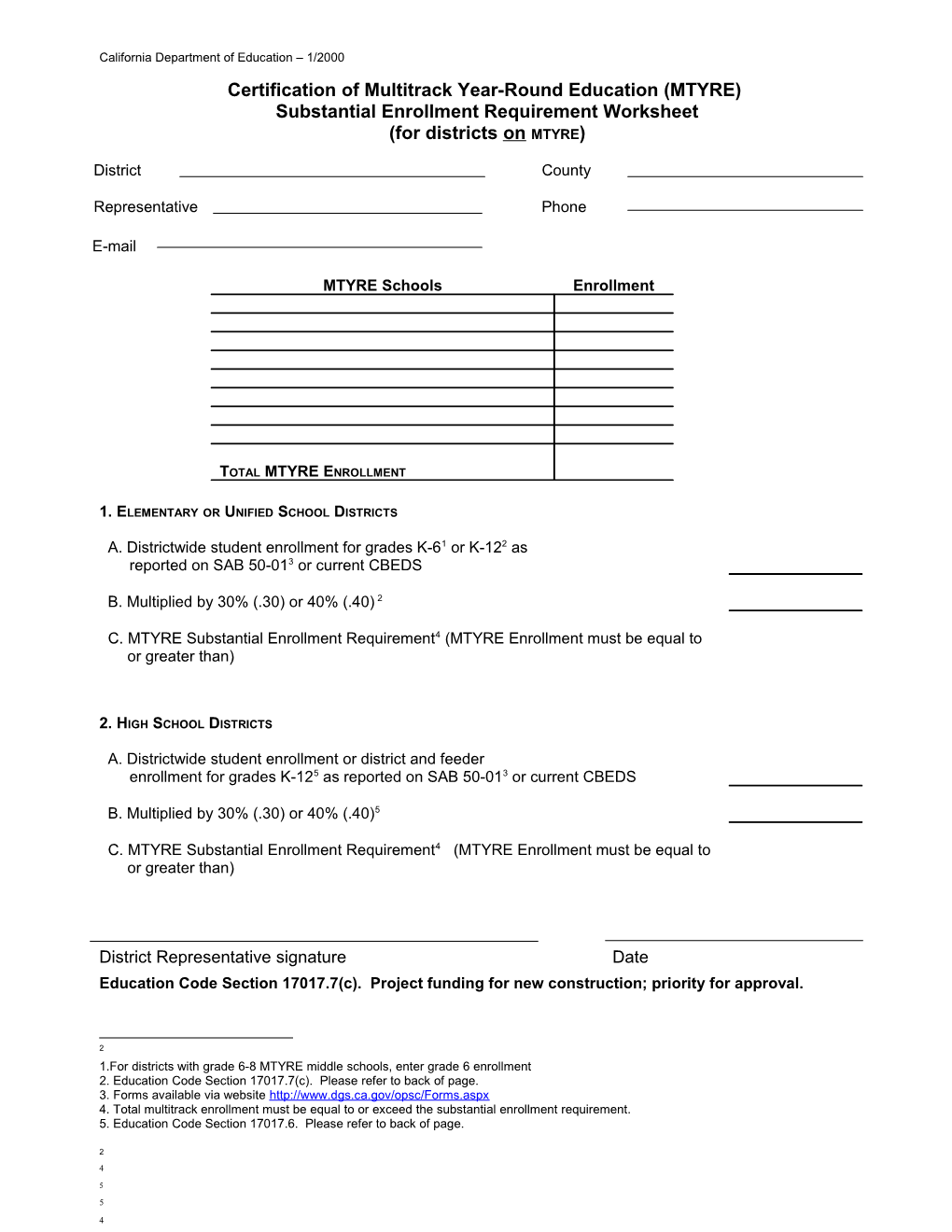 Substantial Enrollment Worksheet - Multitrack Year-Round Education (CA Dept of Education)