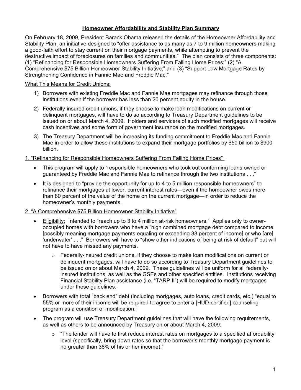 Homeowner Affordability and Stability Plan Summary