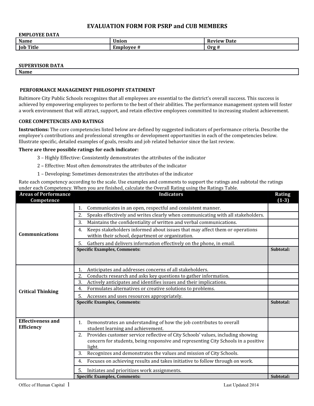 EVALUATION FORM for PSRP and CUB MEMBERS