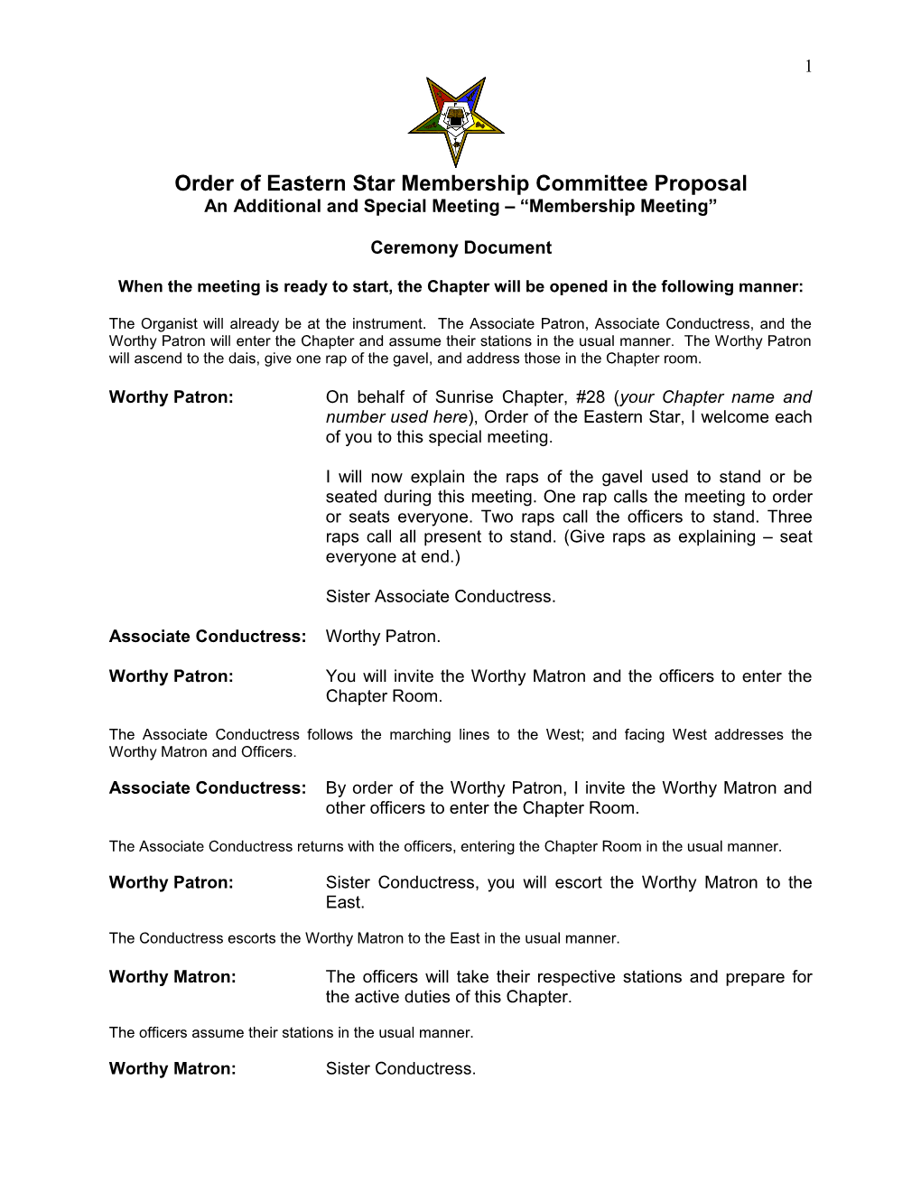 Order of Eastern Star Membership Committee Proposal