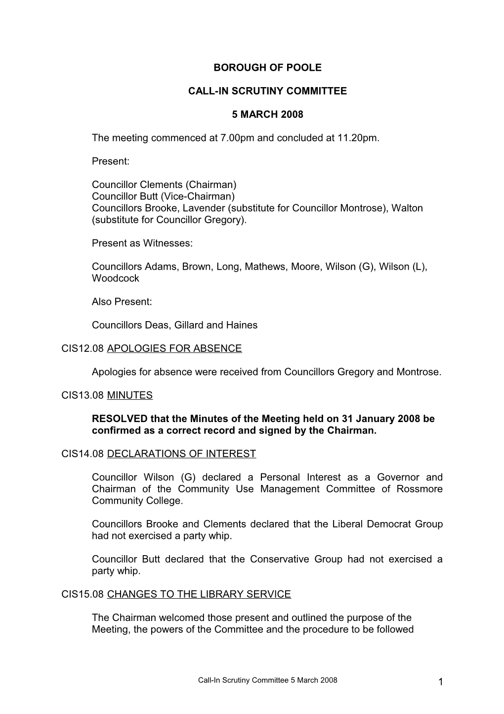 Minutes - CALL-IN SCRUTINY COMMITTEE - 5 March 2008