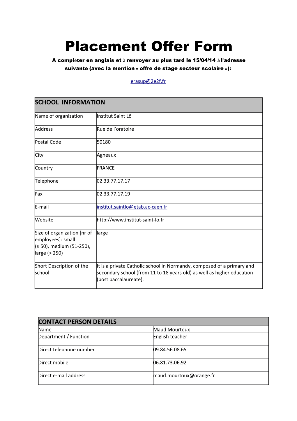 Placement Offerform a Compléter En Anglais Et À Renvoyer Au Plus Tard Le 15/04/14 À L