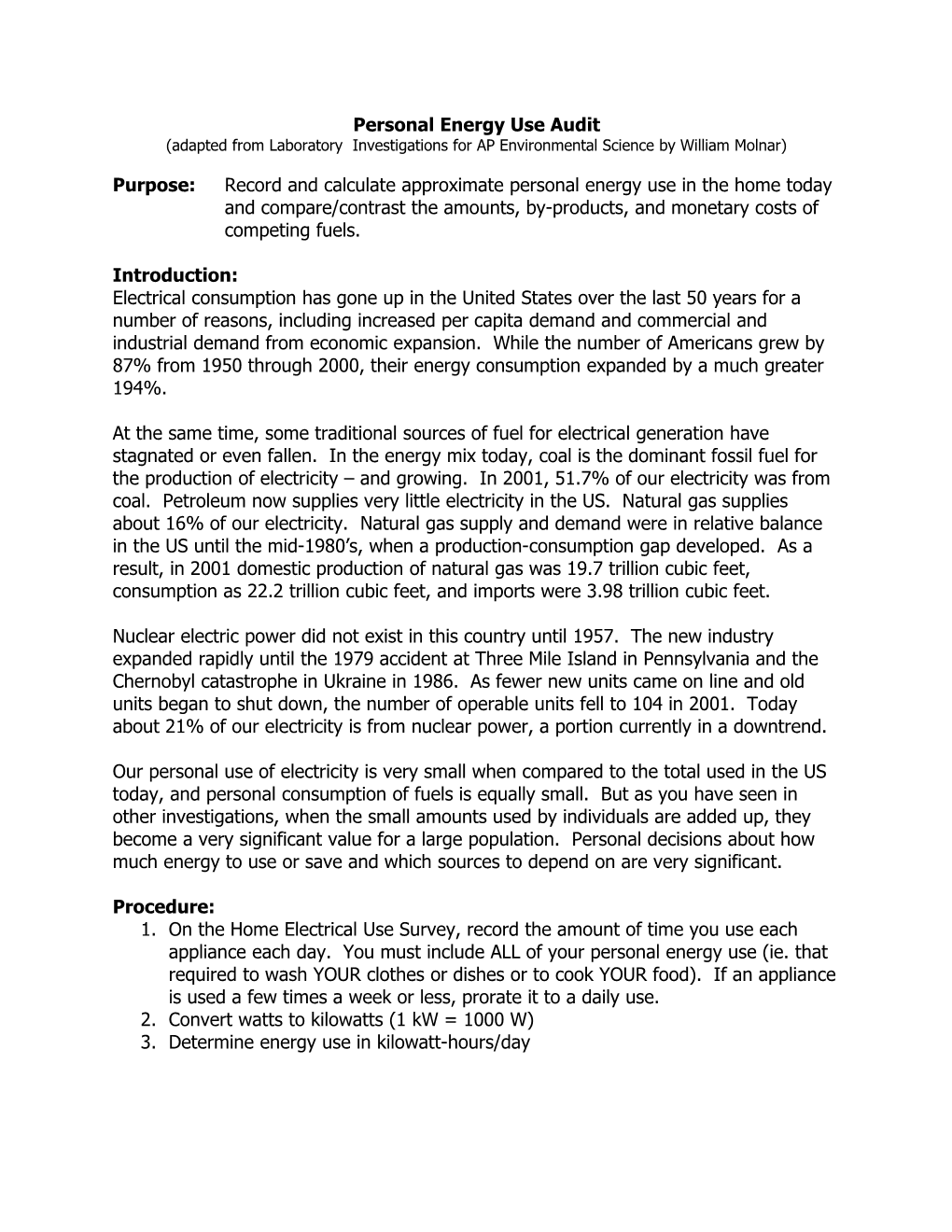 Personal Energy Use Audit