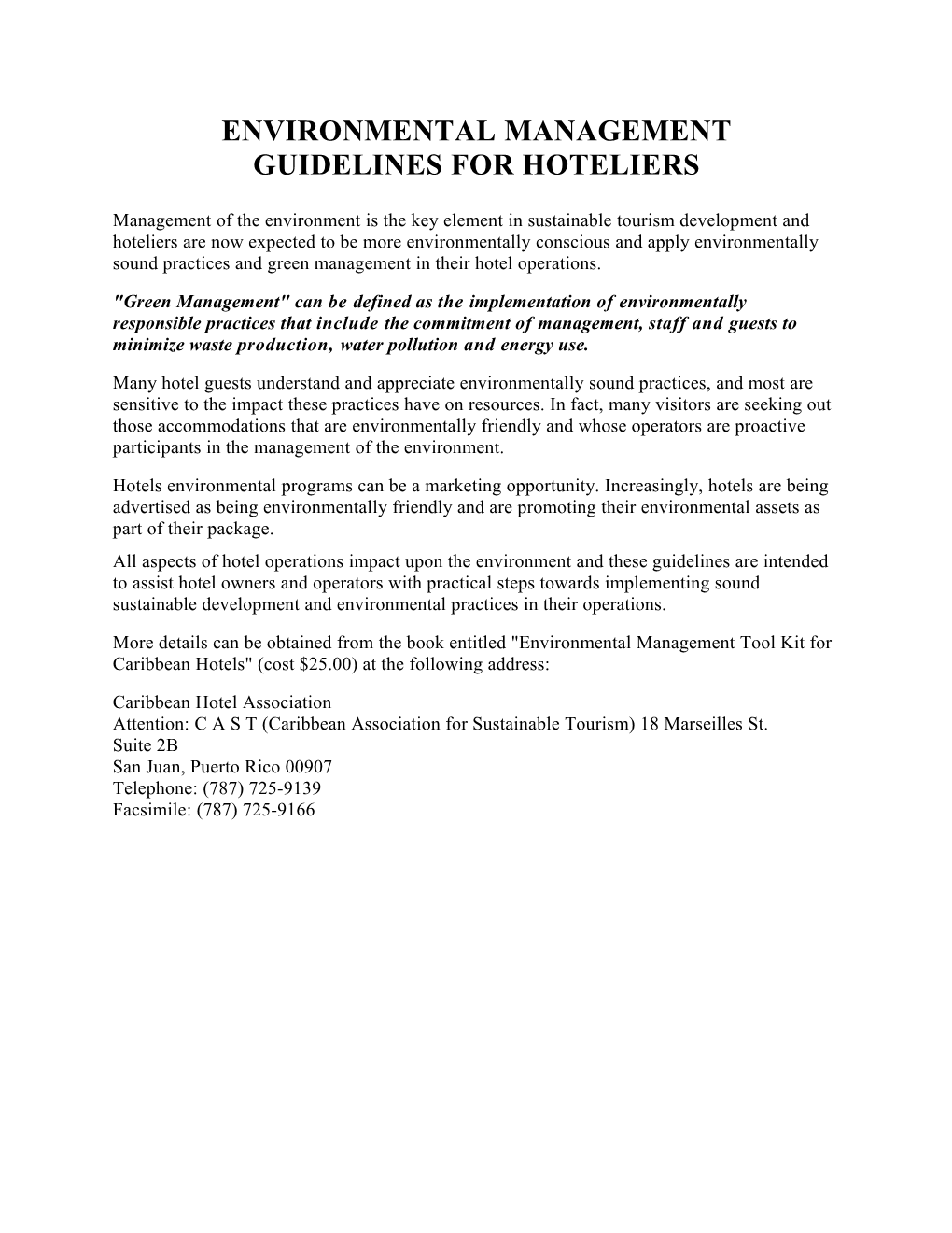 Environmental Management Guidelines for Hoteliers