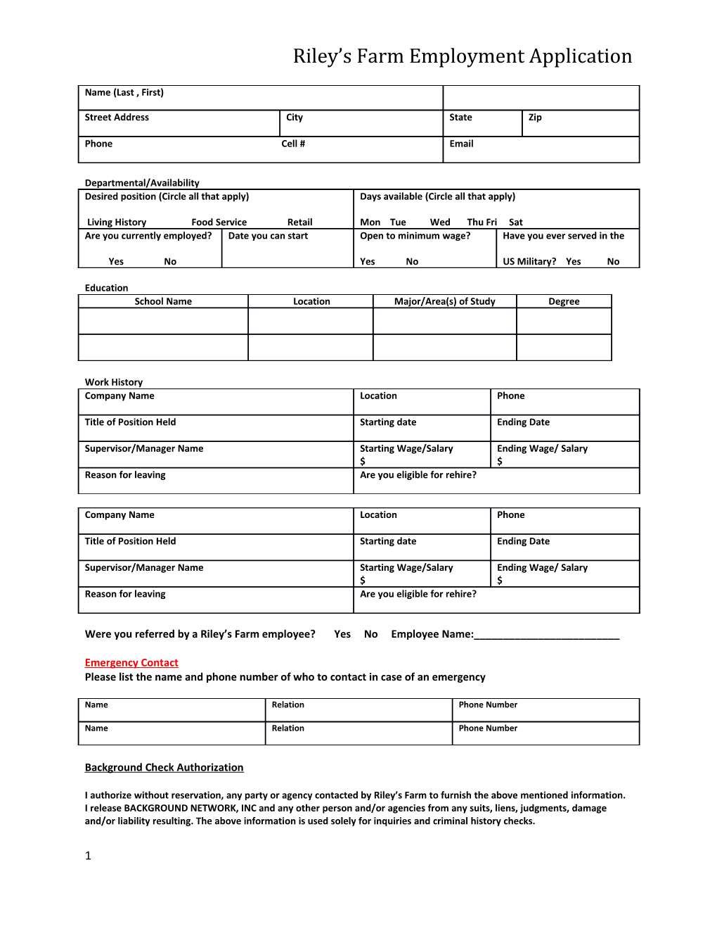 Riley S Farm Employment Application