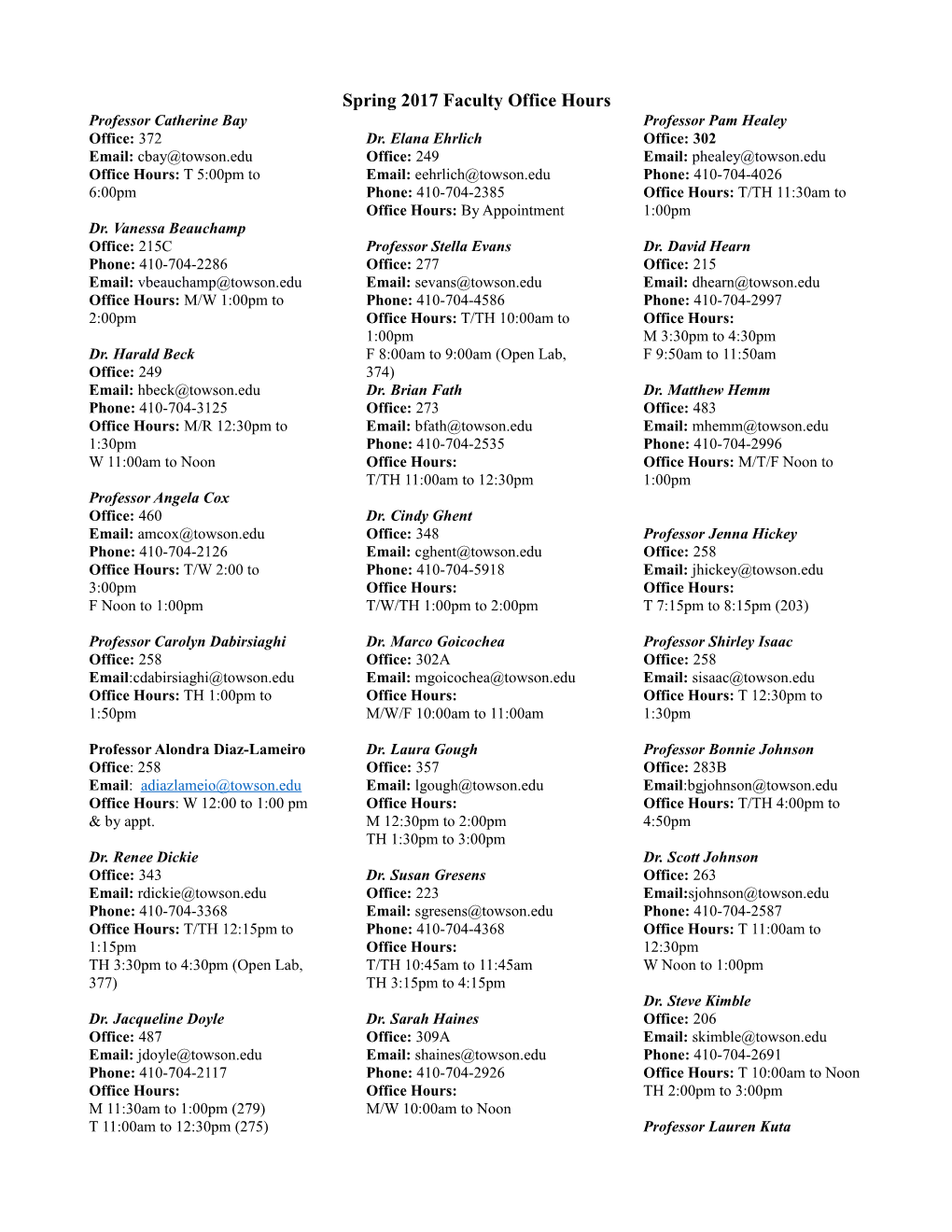 Spring 2017 Faculty Office Hours