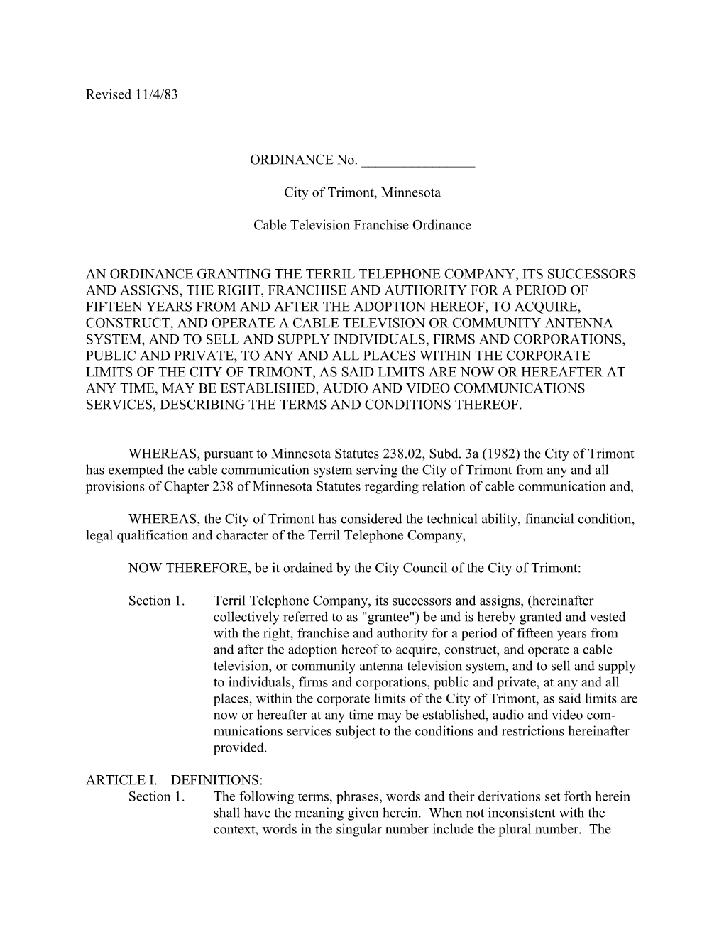 Cable Television Franchise Ordinance